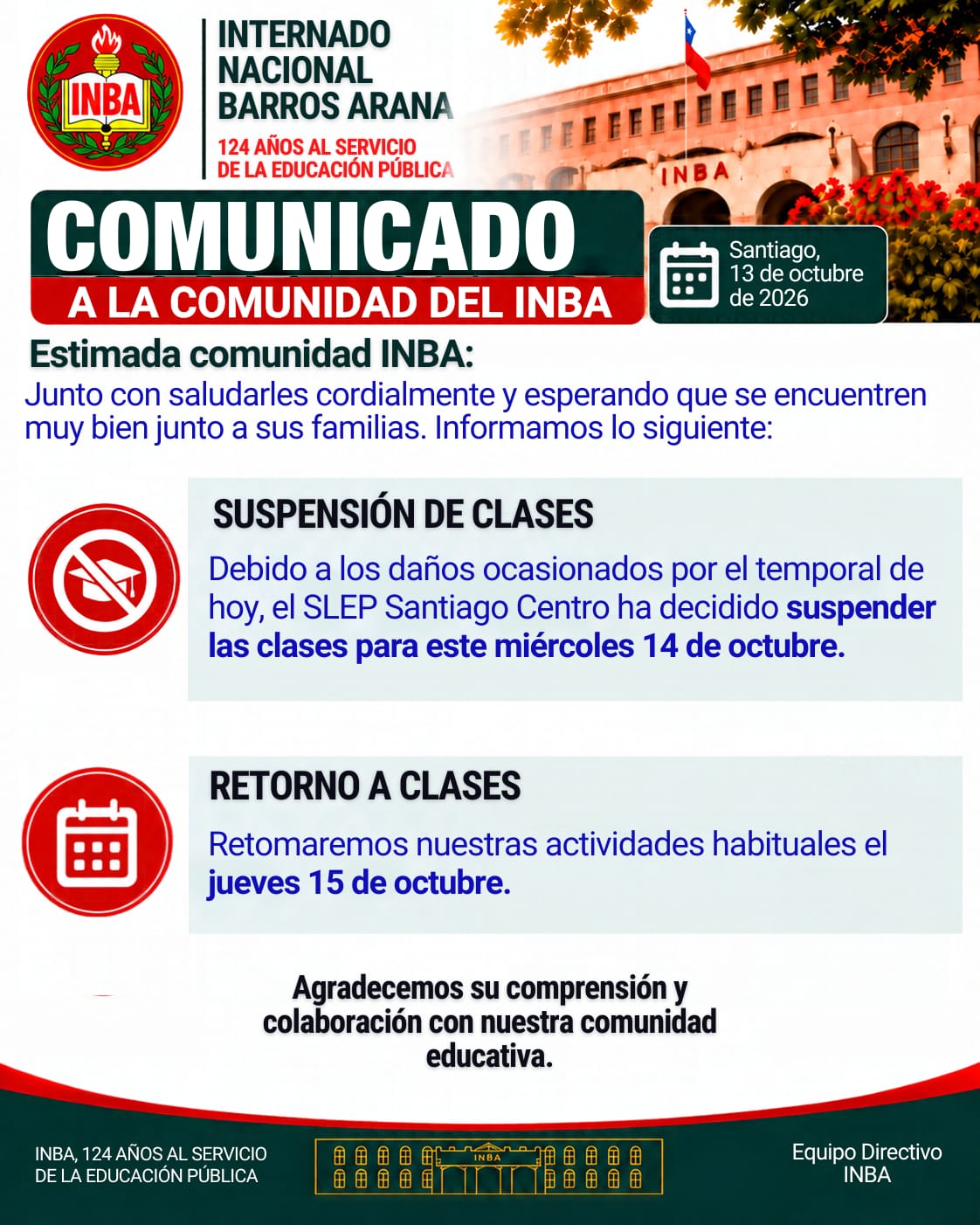 Suspensión de clases: miércoles 14 de octubre